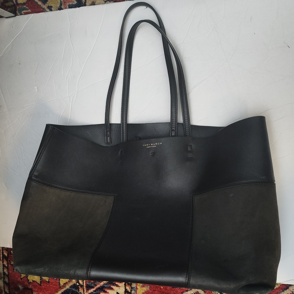 Tory Burch Block T leather tote large black suede classic designer purse bag
